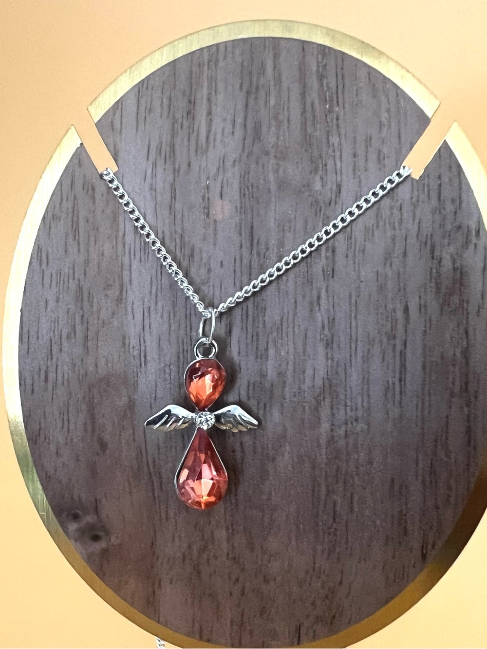 Silver plated Angel Pendant Necklace with Orange Crystal